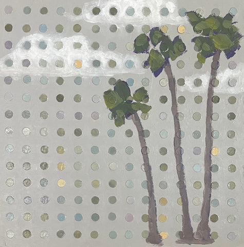 “Deep Greens and Blues Three Palm Dot Matrix” 12x12 inch painting